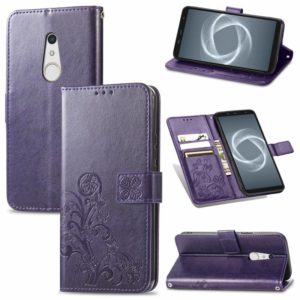 For FUJITSU F-41B Four-leaf Clasp Embossed Buckle Mobile Phone Protection Leather Case with Lanyard & Card Slot & Wallet & Bracket Function(Purple) (OEM)