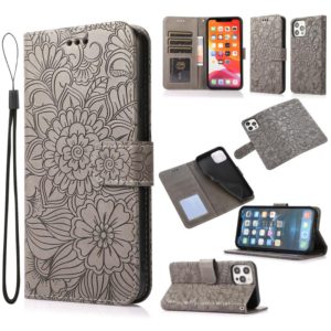 For iPhone 12 Pro Skin Feel Embossed Sunflower Horizontal Flip Leather Case with Holder & Card Slots & Wallet & Lanyard(Gray) (OEM)