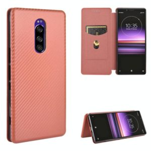 For Sony Xperia 1 Carbon Fiber Texture Horizontal Flip TPU + PC + PU Leather Case with Card Slot(Brown) (OEM)