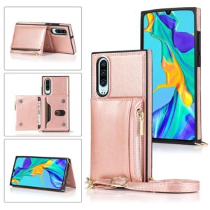 For Huawei P30 Square Zipper Wallet Bag TPU+PU Back Cover Case with Holder & Card Slots & Wallet & Cross-body Strap(Rose Gold) (OEM)