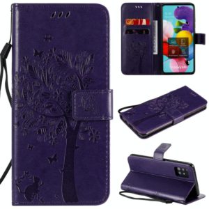For Samsung Galaxy A51 5G Tree & Cat Embossed Pattern Horizontal Flip Leather Case with Holder & Card Slots & Wallet & Lanyard(Purple) (OEM)