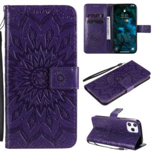 For iPhone 12 Pro Max Pressed Printing Sunflower Pattern Horizontal Flip PU Leather Case Holder & Card Slots & Wallet & Lanyard(Purple) (OEM)