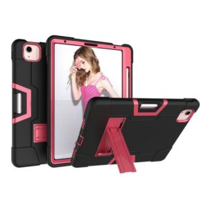 For iPad Air 2022 / 2020 10.9 Contrast Color Robot Shockproof Silicon + PC Protective Case with Holder & Pen Slot(Black + Rose Red) (OEM)