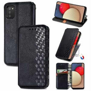 For Samsung Galaxy A02s(US Edition) Cubic Grid Pressed Horizontal Flip Magnetic PU Leather Case with Holder & Card Slots & Wallet(Black) (OEM)