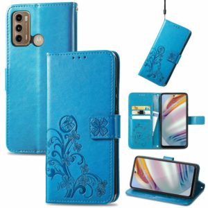 For Motorola Moto G60 Four-leaf Clasp Embossed Buckle Mobile Phone Protection Leather Case with Lanyard & Card Slot & Wallet & Bracket Function(Blue) (OEM)