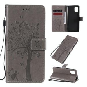 For Samsung Galaxy A31 Tree & Cat Embossed Pattern Horizontal Flip Leather Case with Holder & Card Slots & Wallet & Lanyard(Grey) (OEM)