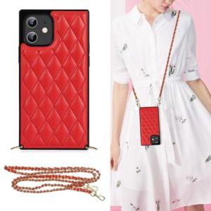 For iPhone 12 mini Elegant Rhombic Pattern Microfiber Leather +TPU Shockproof Case with Crossbody Strap Chain (Red) (OEM)