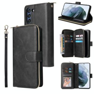For Samsung Galaxy S21 FE Zipper Wallet Bag Horizontal Flip PU Leather Case with Holder & 9 Card Slots & Wallet & Lanyard & Photo Frame(Black) (OEM)