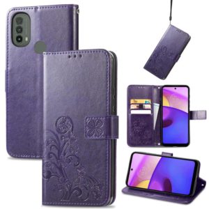 For Motorola Moto E40 Four-leaf Clasp Embossed Leather Case with Lanyard & Card Slot & Wallet & Holder(Purple) (OEM)