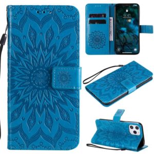 For iPhone 12 Pro Max Pressed Printing Sunflower Pattern Horizontal Flip PU Leather Case Holder & Card Slots & Wallet & Lanyard(Blue) (OEM)