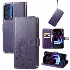 For Motorola Moto Edge 2021 Four-leaf Clasp Embossed Leather Case with Lanyard & Card Slots & Wallet & Holder(Purple) (OEM)
