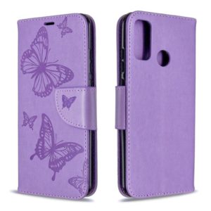 For Huawei P Smart (2020) Two Butterflies Embossing Pattern Horizontal Flip Leather Case with Holder & Card Slot & Wallet & Lanyard(Purple) (OEM)