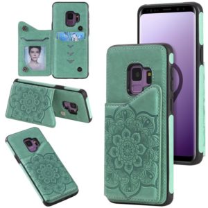 For Samsung Galaxy S9 Flower Embossing Pattern Shockproof Protective Case with Holder & Card Slots & Photo Frame(Green) (OEM)