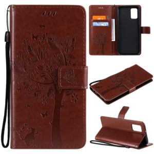 For Samsung Galaxy A02s Tree & Cat Pattern Pressed Printing Horizontal Flip PU Leather Case with Holder & Card Slots & Wallet & Lanyard(Coffee) (OEM)