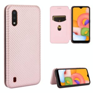 For Samsung Galaxy A01 Carbon Fiber Texture Horizontal Flip TPU + PC + PU Leather Case with Rope & Card Slot(Pink) (OEM)