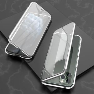 For iPhone 11 Pro Ultra Slim Double Sides Magnetic Adsorption Angular Frame Tempered Glass Magnet Flip Case(Silver) (OEM)