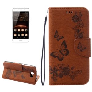 For Huawei Y5II Pressed Flowers Butterfly pattern Horizontal Flip Leather Case with Magnetic Buckle & Holder & Card Slots & Wallet(Brown) (OEM)