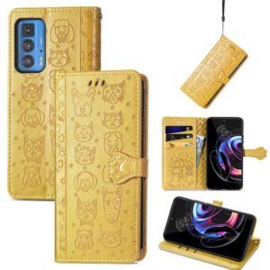 For Motorola Edge 20 Pro Lovely Cat and Dog Embossing Pattern Horizontal Flip Leather Case , with Holder & Card Slots & Wallet & Cartoon Clasp & Lanyard(Yellow) (OEM)