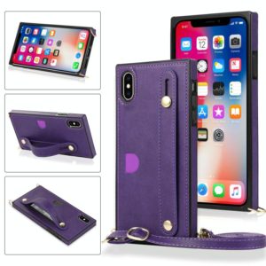 For iPhone XS Max Wrist Strap PU+TPU Shockproof Protective Case with Crossbody Lanyard & Holder & Card Slot(Purple) (OEM)