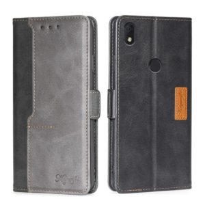 For Alcatel Axel/Lumos Contrast Color Side Buckle Leather Phone Case(Black + Grey) (OEM)