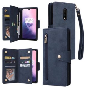 For OnePlus 7 Rivet Buckle 9 Cards Three Fold Leather Phone Case(Blue) (OEM)