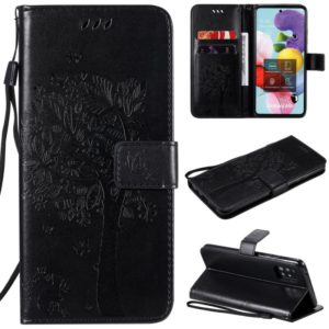 For Samsung Galaxy A51 5G Tree & Cat Embossed Pattern Horizontal Flip Leather Case with Holder & Card Slots & Wallet & Lanyard(Black) (OEM)