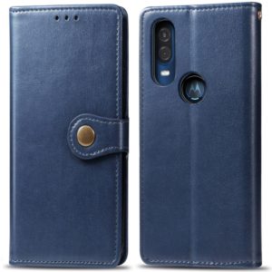 Retro Solid Color Leather Buckle Mobile Phone Protection Leather Case with Lanyard & Photo Frame & Card Slot & Wallet & Bracket Function for Motorola Moto P40(Blue) (OEM)