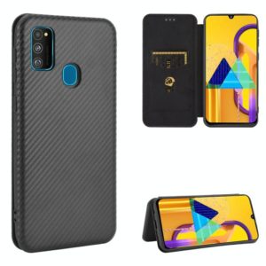 For Samsung Galaxy M30s / M21 Carbon Fiber Texture Horizontal Flip TPU + PC + PU Leather Case with Rope & Card Slot(Black) (OEM)