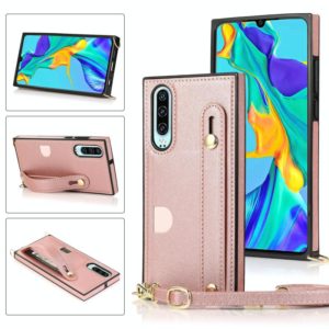 For Huawei P30 Wrist Strap PU+TPU Shockproof Protective Case with Crossbody Lanyard & Holder & Card Slot(Rose Gold) (OEM)