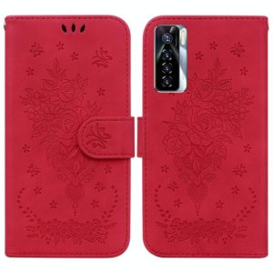 For Tecno Camon 17 Pro Butterfly Rose Embossed Leather Phone Case(Red) (OEM)