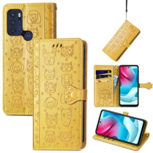 For Motorola Moto G60S Lovely Cat and Dog Embossing Pattern Horizontal Flip Leather Phone Case with Holder & Card Slots & Wallet & Cartoon Clasp & Lanyard(Yellow) (OEM)