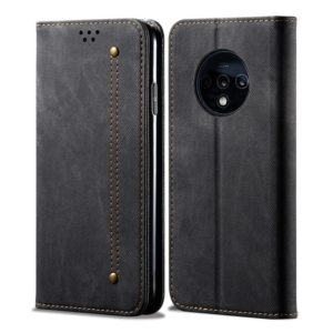 For OnePlus 7T Denim Texture Casual Style Horizontal Flip Leather Case with Holder & Card Slots & Wallet(Black) (OEM)