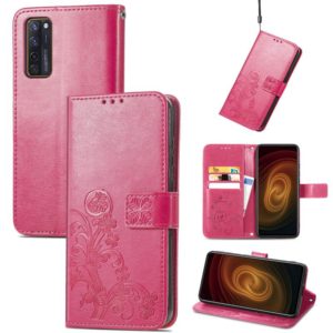 For ZTE AXON 20 5G Four-leaf Clasp Embossed Buckle Mobile Phone Protection Leather Case with Lanyard & Card Slot & Wallet & Bracket Function(Magenta) (OEM)