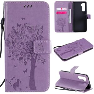 For Huawei Nova 7 SE Tree & Cat Embossed Pattern Horizontal Flip Leather Case with Holder & Card Slots & Wallet & Lanyard(Light Purple) (OEM)