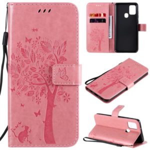 For Samsung Galaxy A21s Tree & Cat Embossed Pattern Horizontal Flip Leather Case with Holder & Card Slots & Wallet & Lanyard(Pink) (OEM)