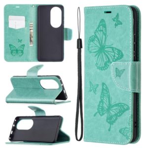For Huawei P50 Pro Two Butterflies Embossing Pattern Horizontal Flip Leather Case with Holder & Card Slot & Wallet & Lanyard(Green) (OEM)