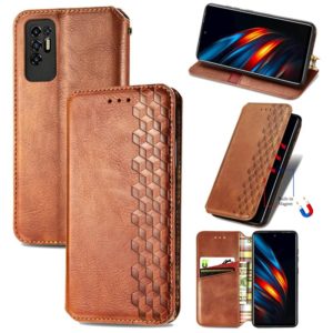 For Tecno Pova 2 Cubic Grid Pressed Horizontal Flip Magnetic Leather Phone Case with Holder & Card Slots & Wallet(Brown) (OEM)