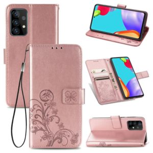 For Samsung Galaxy A52 5G / 4G Four-leaf Clasp Embossed Buckle Mobile Phone Protection Leather Case with Lanyard & Card Slot & Wallet & Bracket Function(Rose Gold) (OEM)