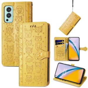 For OnePlus Nord 2 5G Lovely Cat and Dog Embossing Pattern Horizontal Flip Leather Case , with Holder & Card Slots & Wallet & Cartoon Clasp & Lanyard(Yellow) (OEM)