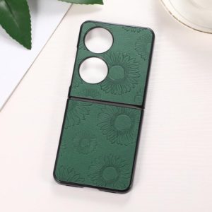 For Huawei P50 Pocket Sunflower Pattern PU+TPU+PC Shockproof Phone Case(Green) (OEM)