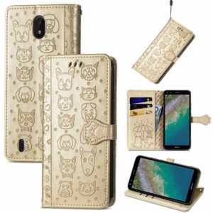 For Nokia C01 Plus Lovely Cat and Dog Embossing Pattern Horizontal Flip Leather Case , with Holder & Card Slots & Wallet & Cartoon Clasp & Lanyard(Gold) (OEM)