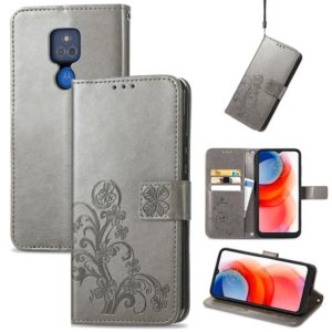 For Motorola G Play Four-leaf Clasp Embossed Buckle Mobile Phone Protection Leather Case with Lanyard & Card Slot & Wallet & Bracket Function(Gray) (OEM)