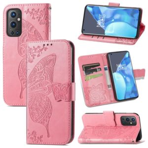For OnePlus 9 Pro Butterfly Love Flowers Embossed Horizontal Flip Leather Case with Holder & Card Slots & Wallet & Lanyard(Pink) (OEM)