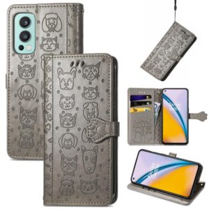 For OnePlus Nord 2 5G Lovely Cat and Dog Embossing Pattern Horizontal Flip Leather Case , with Holder & Card Slots & Wallet & Cartoon Clasp & Lanyard(Grey) (OEM)