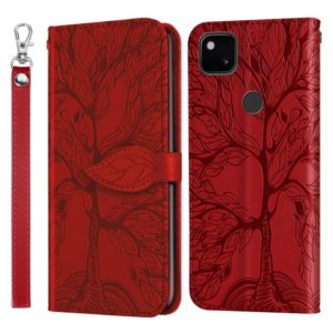 For Google Pixel 4a Life of Tree Embossing Pattern Horizontal Flip Leather Case with Holder & Card Slot & Wallet & Photo Frame & Lanyard(Red) (OEM)