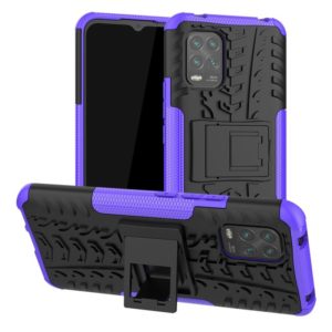 For Xiaomi Mi 10 Lite 5G Tire Texture Shockproof TPU+PC Protective Case，with Holder(Purple) (OEM)