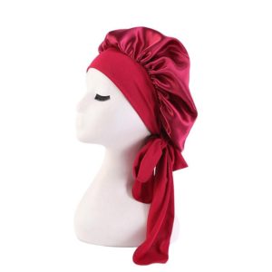 TJM-301-1 Faux Silk Adjustable Stretch Wide-Brimmed Night Hat Satin Ribbon Round Hat Shower Cap Hair Care Hat, Size: Free Size(Red Wine) (OEM)