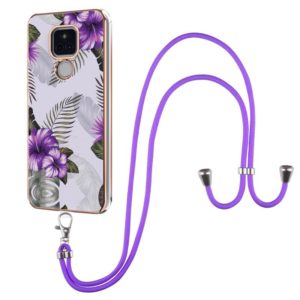For Motorola Moto G Play 2021 Electroplating Pattern IMD TPU Shockproof Case with Neck Lanyard(Purple Flower) (OEM)