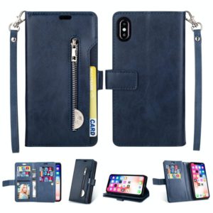 For iPhone XR Multifunctional Zipper Horizontal Flip Leather Case with Holder & Wallet & 9 Card Slots & Lanyard(Blue) (OEM)