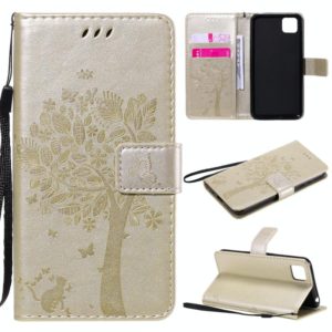 For Huawei Y5p Tree & Cat Embossed Pattern Horizontal Flip Leather Case with Holder & Card Slots & Wallet & Lanyard(Gold) (OEM)